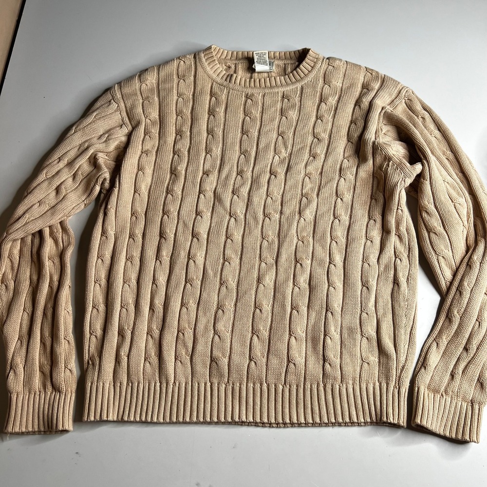 LL Bean Mens M Tan Beige Cable Knit Crewneck Sweater 100% Cotton 0VSB4
